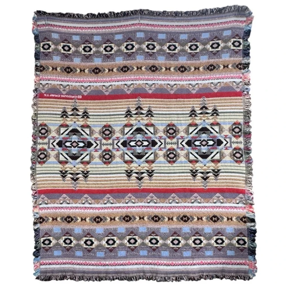 Vintage Crown Crafts Southwestern Throw Blanket Aztec Tapestry Geometric Native